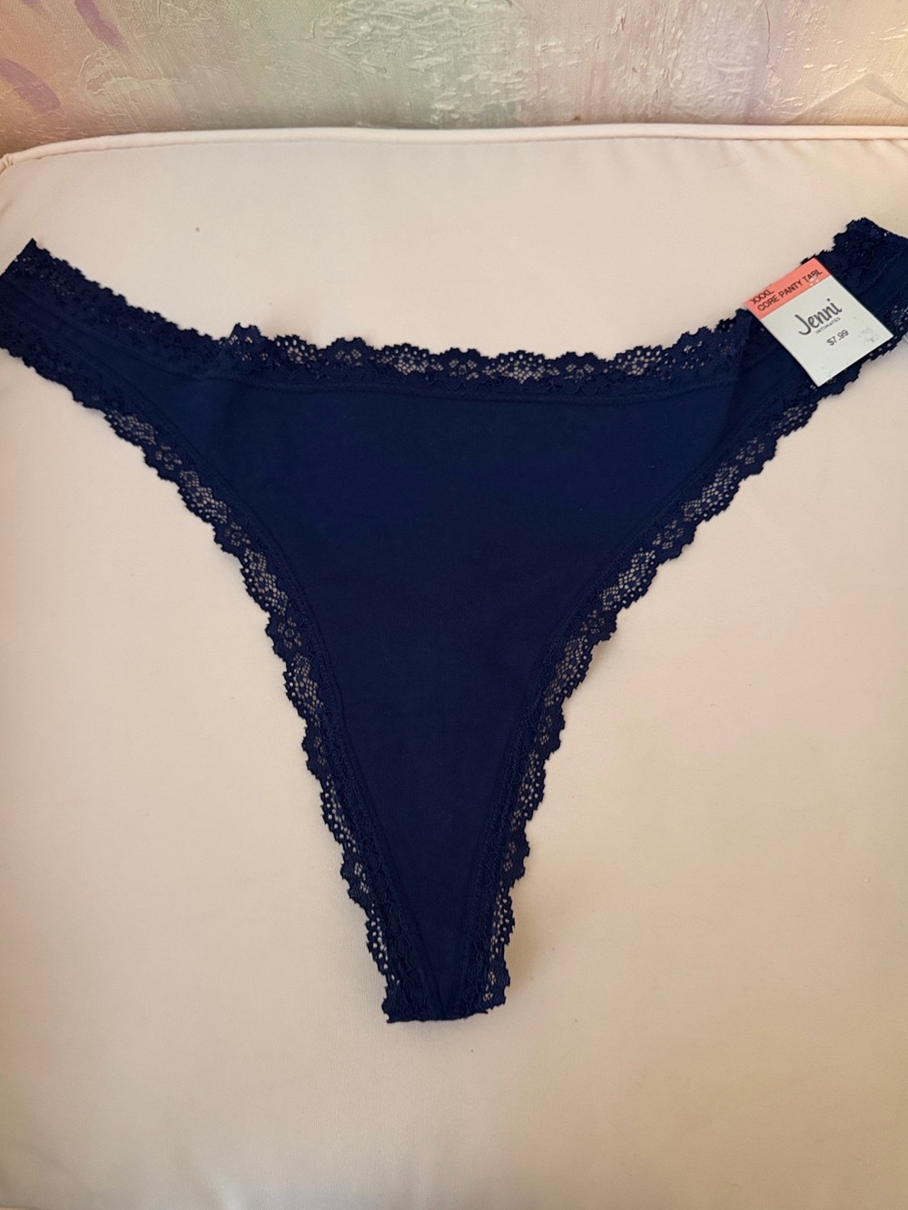 Jenni 5 pairs Women's Lace-Trim Cotton Thong - Navy New! XXXL
